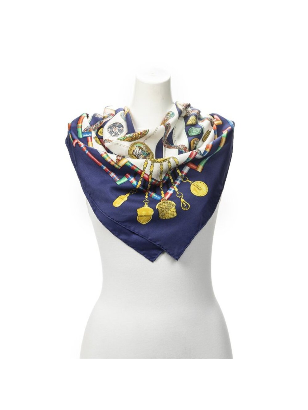 Hermes Scarf Navy Gold White Twill Silk